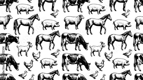 Tableau sur toile Seamless farm animals pattern featuring hand drawn vintage style sketch vectors
