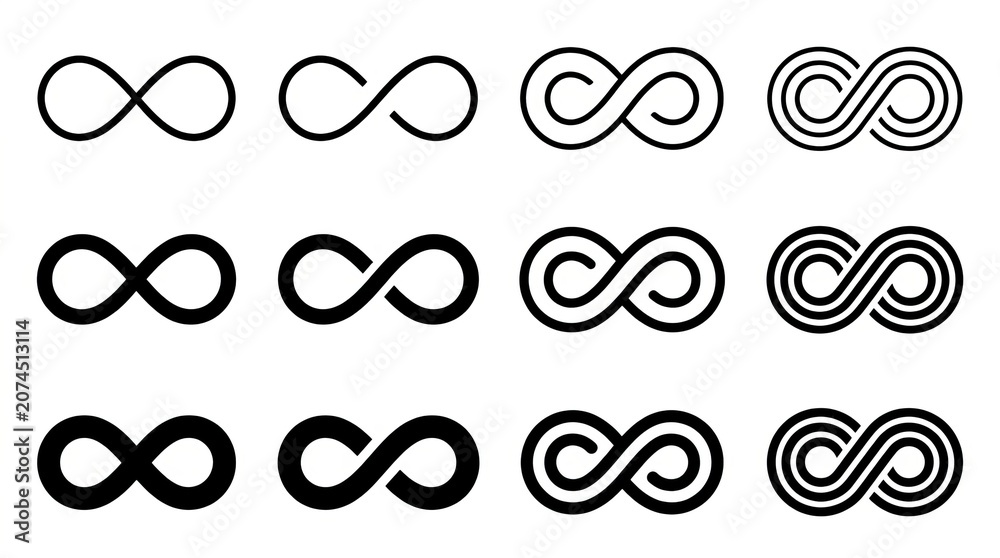 Obraz premium Collection of continuous black line infinity symbols arranged in rows.