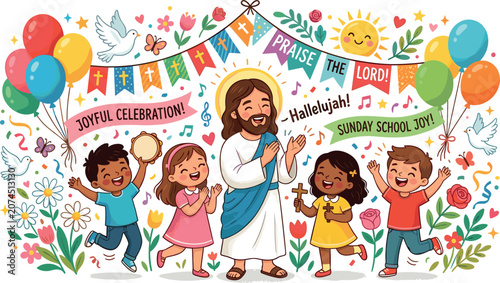 Εκτύπωση καμβά Jesus Christ Celebrating with Happy Diverse Children in Joyful Sunday School Par