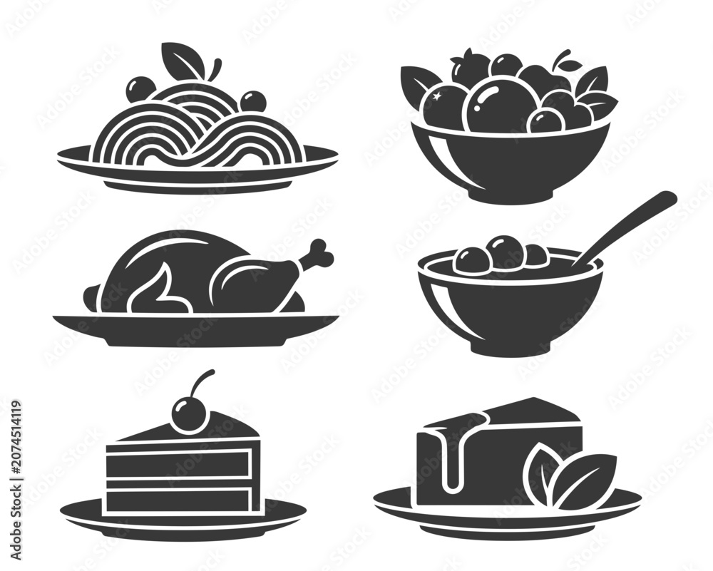 Fototapeta premium Food icons set with various dishes and desserts