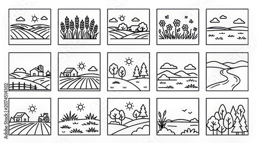 Collection of sixteen hand-drawn agricultural and weather icons in black and white.