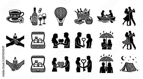 Collection of black and white icons representing various everyday objects and activities.