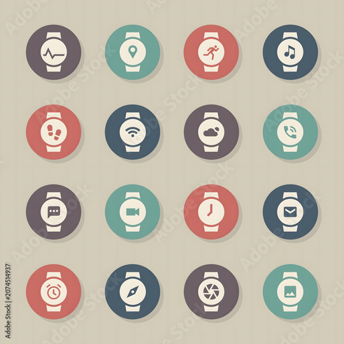 Smartwatch Round App Icons Set with Health, Fitness, Communication and Navigation Features
