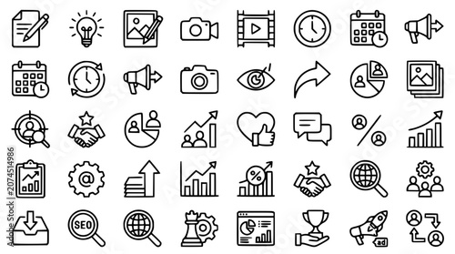 Digital marketing and corporate business line icon set featuring social media analytics content strategy financial growth and seo optimization symbols