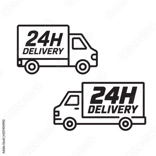 Black outline icons of delivery trucks with 24h text Vector