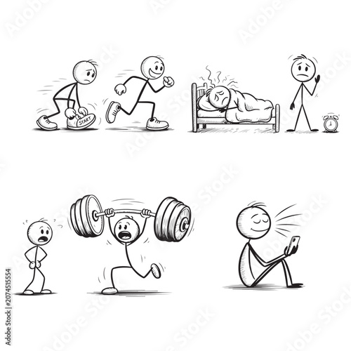 Stick figure daily routine set, stickman fitness running and sleeping doodle icon collection