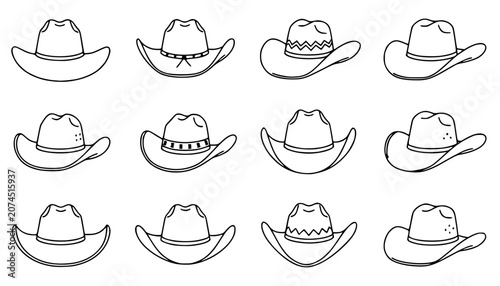 Schilderij op canvas Traditional western cowboy hat line art illustration set featuring various ranch