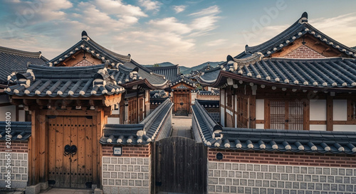 Traditional Korean Hanok village with historic tiled roofs and wooden gates under a sunset sky in South Korea
