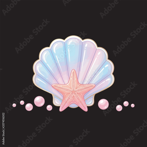 Beautiful Iridescent Seashell With Pink Starfish And Pearls