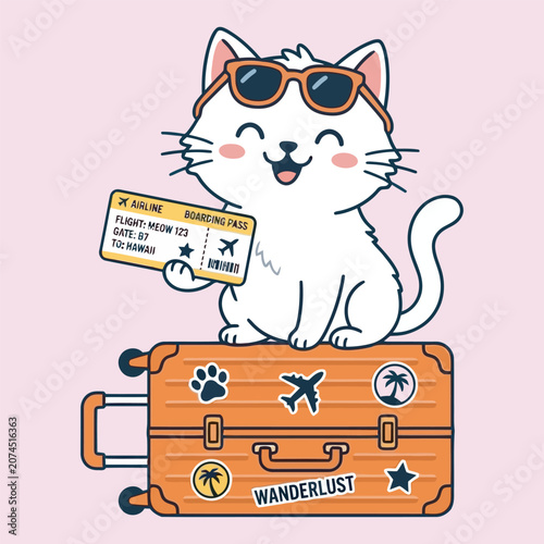 Funny Travel Cat Character With Sunglasses And Luggage Vector