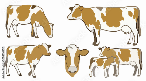 Photography Brown spotted dairy cow and calf vector illustration set for organic farming agr