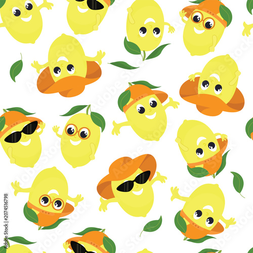 Cute lemon characters seamless pattern with funny faces and hats