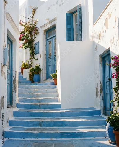 Charming whitewashed Mediterranean alley with blue-painted steps, rustic doors, and blooming flowers, capturing authentic coastal village architecture in bright summer sunlight.