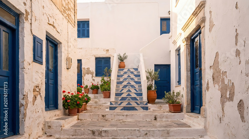 Sunlit Mediterranean village alley with whitewashed walls, blue doors, and patterned stone steps, capturing authentic coastal architecture and peaceful summer travel vibes.