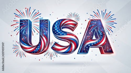 Patriotic USA typography illustration with red, white, and blue lettering, surrounded by festive fireworks bursts symbolizing American Independence Day celebration.