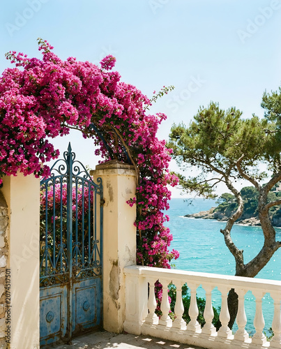 Elegant Mediterranean seaside gate framed by blooming bougainvillea, overlooking turquoise waters and a sunny coastal landscape, evoking a peaceful luxury summer escape.