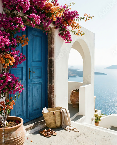 Charming Mediterranean alley with vibrant bougainvillea, turquoise door, and arched sea-view terrace, capturing a peaceful coastal summer escape in natural sunlight.