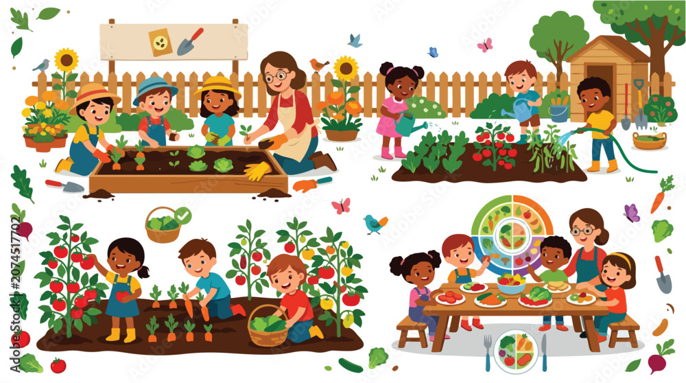 Fototapeta premium Diverse group of children and teacher gardening and eating healthy vegetables.
