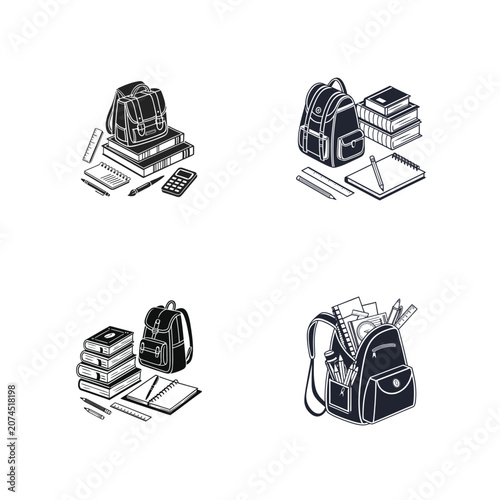 Collection of Backpacks and School Supplies, Isometric Line Art Illustration