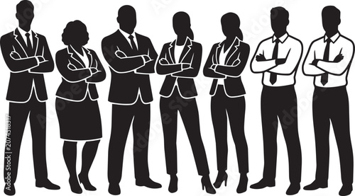 Confident business people silhouette team with crossed arms in professional standing poses, isolated black vector illustration representing leadership, unity, confidence and corporate success