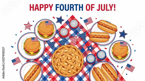 Festive 4th of July picnic illustration featuring classic American foods, apple pie, burgers, and hot dogs arranged on a patriotic checkered tablecloth.