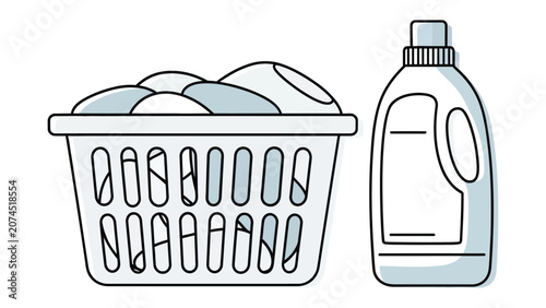 Laundry basket filled with clothes and a detergent bottle