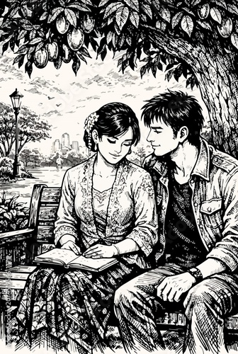 Foto A man and woman cherish peaceful moments together line art illustration