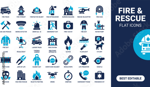 Foto Fire and rescue flat icons vector graphic illustration, emergency response symbo