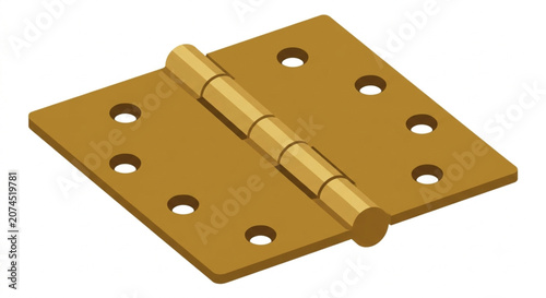 Golden door hinge isometric vector illustration. Brass hardware metal component isolated on white background.