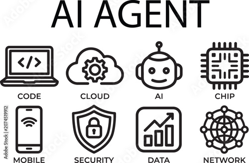 AI agent technology icons vector set, thick stroke artificial intelligence line art icon bundle