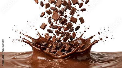 Celebrate World chocolate day with falling cocoa beans and dark chocolate pieces splashing into a liquid pool