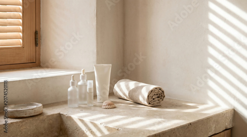 Minimal spa bathroom still life with rolled towels, glass bottles, and warm sunlight casting window shadows on beige stone.