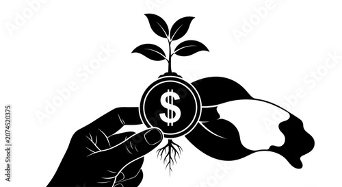 Hands Holding Coin with Sprouting Plant.