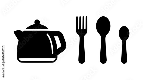 Foto Kitchen utensils and cutlery silhouette icons vector set featuring black teapot
