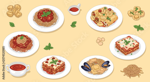 Obraz na plátně Appetizing assortment of italian pasta dishes including spaghetti lasagna ravioli and cannelloni with fresh basil and tomato sauce