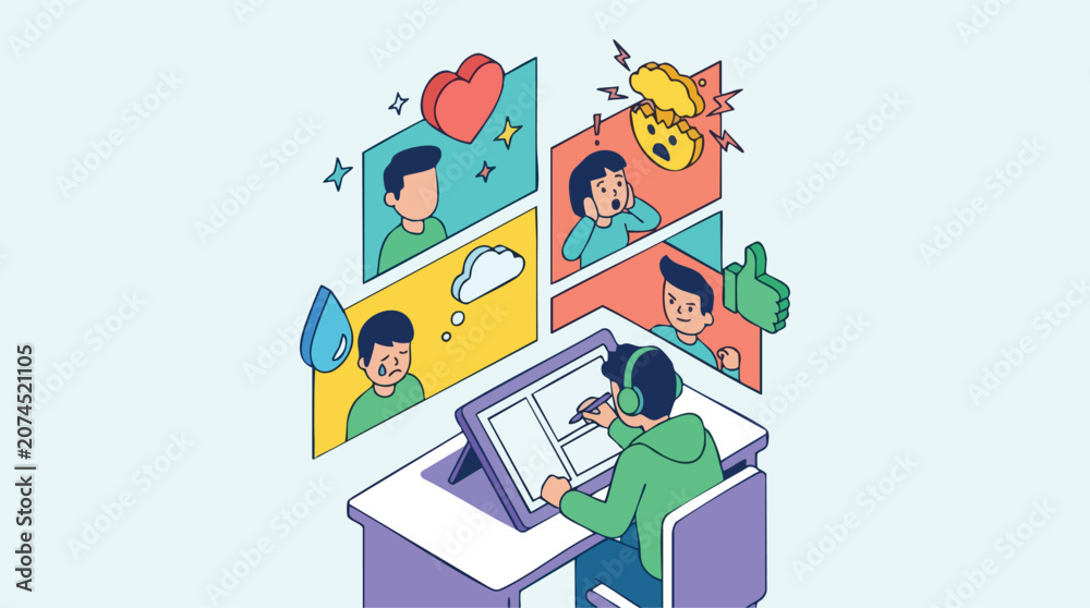 Naklejka premium Man Experiencing Various Emotions While Working on Computer