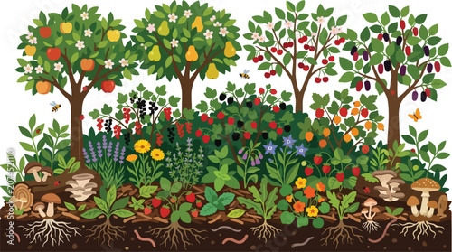 Permaculture food forest garden ecosystem illustration with trees shrubs and roots.
