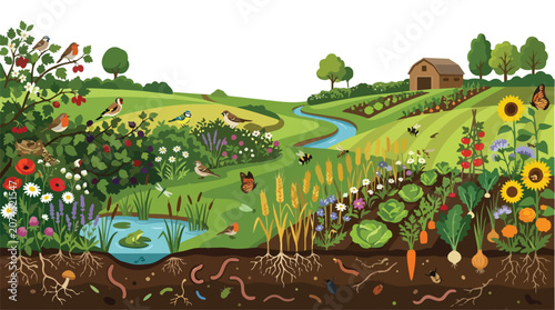 Cross section illustration of a vibrant farm ecosystem showing soil life and plants.