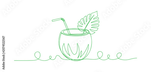 Coconut cocktail drink icon in a tropical line art style. This outline showcases a summer cafe beverage with a fun, abstract design, all created in one continuous line. A stylish element for a summer 