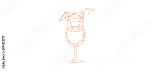 Line art representation of a tropical coconut cocktail drink. It features an outline of a summer cafe beverage with a curly, abstract flair, all drawn in one fluid line. Ideal for a summer beach birth
