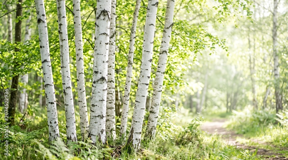Fototapeta premium Birch trees stand grouped in a sunlit forest clearing