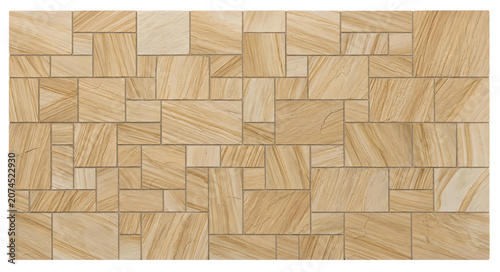 Beige sandstone wall texture isolated on transparent background. Modern light brown quartz block paving pattern