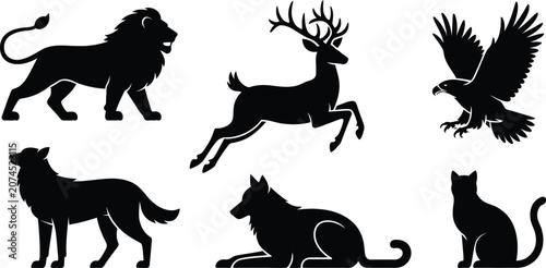 Photography Black animal silhouettes, wildlife icons, vector set, six creatures, lion, deer,