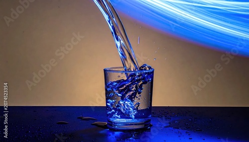 Water Pouring into Glass on Dark Surface.