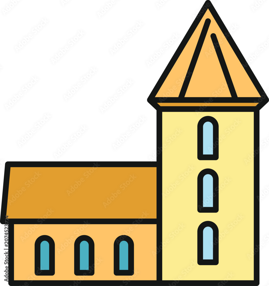 Fototapeta premium Outline illustration of a medieval fortress building with a pointed roof