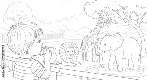 Boy Observing Wild Animals at Zoo.