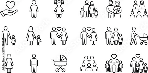 Family Life and Child Care Line Icon Set Featuring Couples, Newborns, Strollers, Family Trees, and Charity Hands for Community and Healthcare Designs