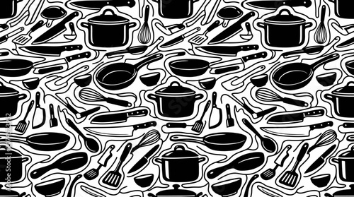 Seamless Pattern of Black Kitchen Utensils and Cookware on White Background