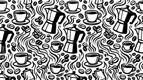 Coffee Pattern: Moka Pots, Cups, Beans and Steam - Black and White Graphic