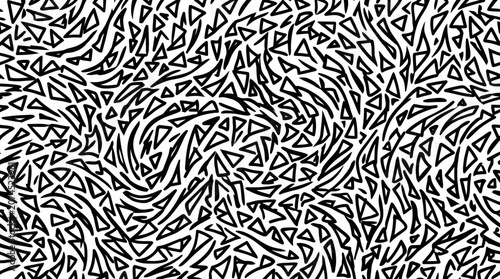 Abstract black and white pattern of triangles and swirling lines, graphic design